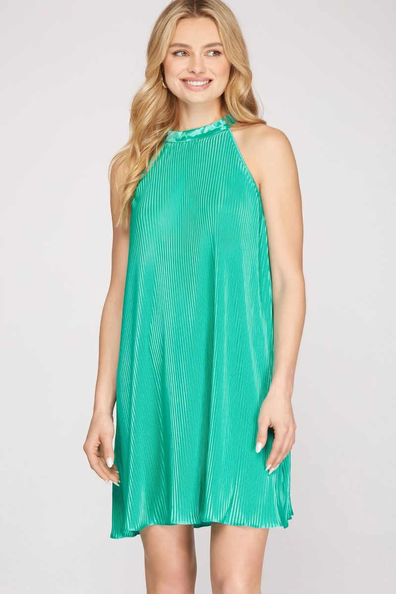 HALTER NECK SLEEVELESS PLISSE PLEATED MINI DRESS JADE / 2S - 2M - 2L / Young Contemporary HALTER NECK SLEEVELESS PLISSE PLEATED MINI DRESS JADE / 2S - 2M - 2L / Young Contemporary