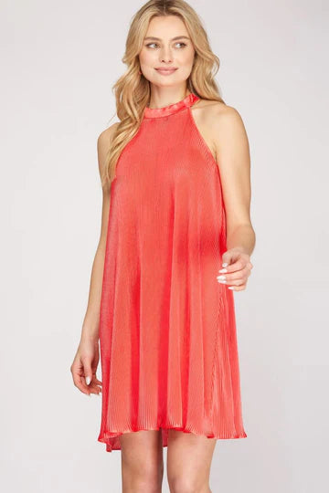 HALTER NECK SLEEVELESS PLISSE PLEATED MINI DRESS