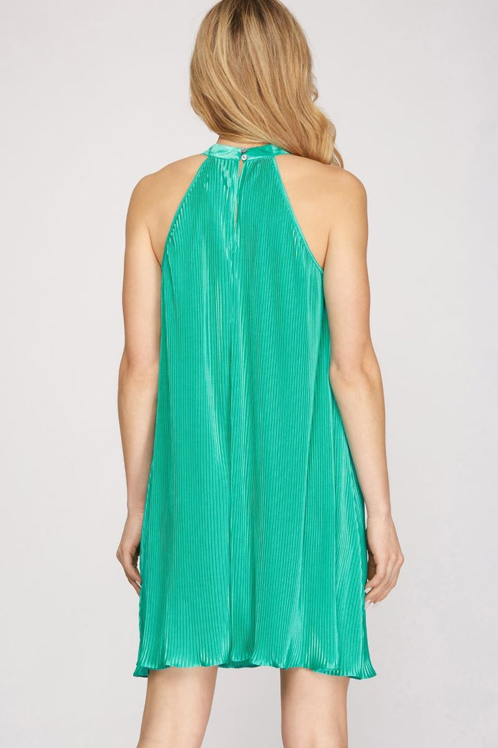 JADE HALTER SLEEVELESS PLISSE PLEATED MINI DRESS