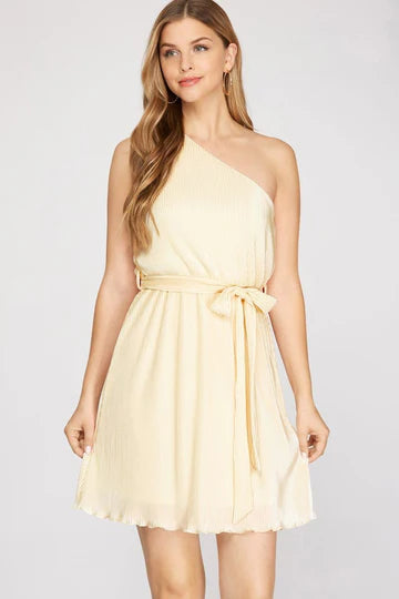 PINK ONE SHOULDER PLISSE W/SASH WAIST MINI DRESS