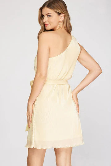 PINK ONE SHOULDER PLISSE W/SASH WAIST MINI DRESS