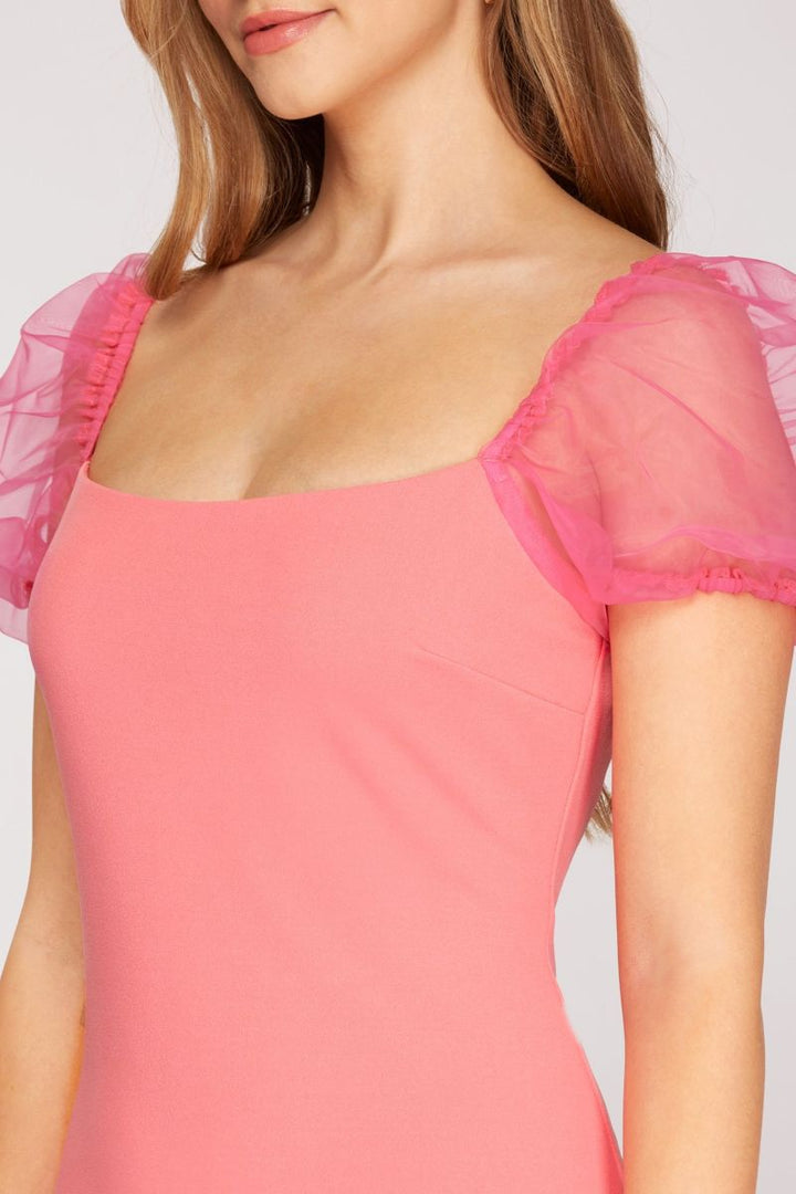 CANDY PINK ORGANZA PUFF SLEEVES HEAVY KNIT MINI DRESS