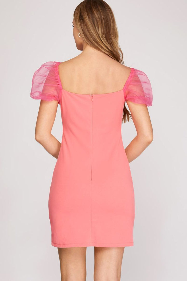 CANDY PINK ORGANZA PUFF SLEEVES HEAVY KNIT MINI DRESS
