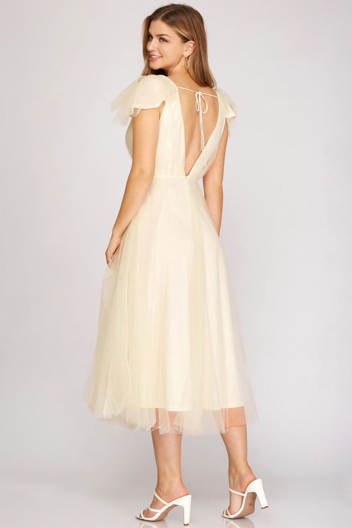 CREAM RUFFLED SHORT SLEEVES TULLE MIDI DRESS S12SY4073