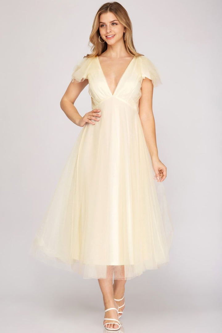 CREAM RUFFLED SHORT SLEEVES TULLE MIDI DRESS S12SY4073