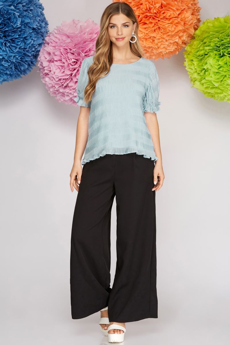PUFF SLEEVES PLEATED WOVEN TOP-SKSY4170