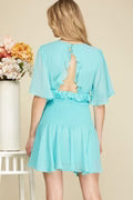 SMOCKED TEXTURED FLUTTER SLEEVES OPEN BACK MINI DRESS SKSY4208
