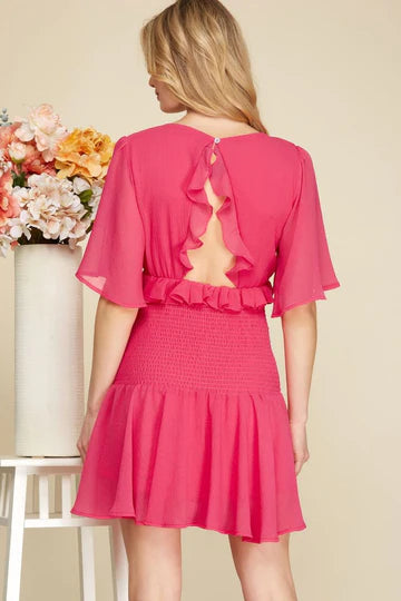 SMOCKED TEXTURED FLUTTER SLEEVES OPEN BACK MINI DRESS SKSY4208