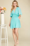 SMOCKED TEXTURED FLUTTER SLEEVES OPEN BACK MINI DRESS SKSY4208
