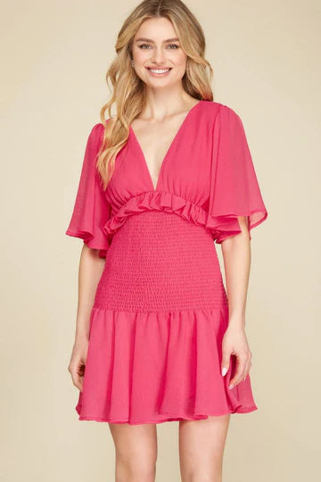 SMOCKED TEXTURED FLUTTER SLEEVES OPEN BACK MINI DRESS SKSY4208