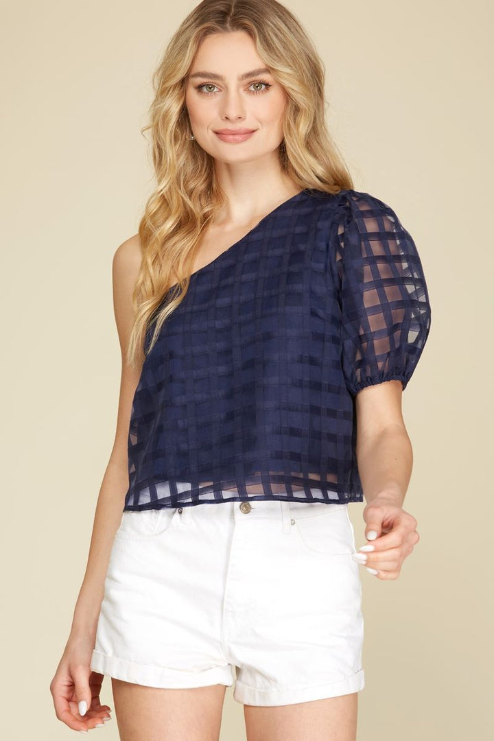 NAVY PUFF SHORT ONE SHOULDER GRID ORGANZA CROP TOP