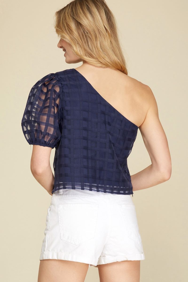 NAVY PUFF SHORT ONE SHOULDER GRID ORGANZA CROP TOP