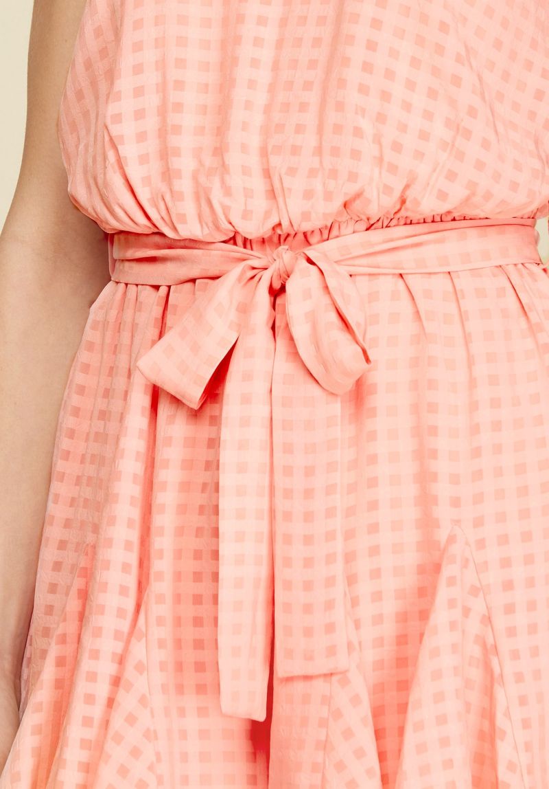 LT. PINK HALTER CHECKERED W/ WAIST SASH FLIRTY WOVEN ROMPER