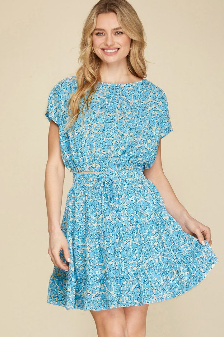 BLUE FLORAL TIERED ELASTIC WAIST WOVEN MINI SKIRT SKSY4412