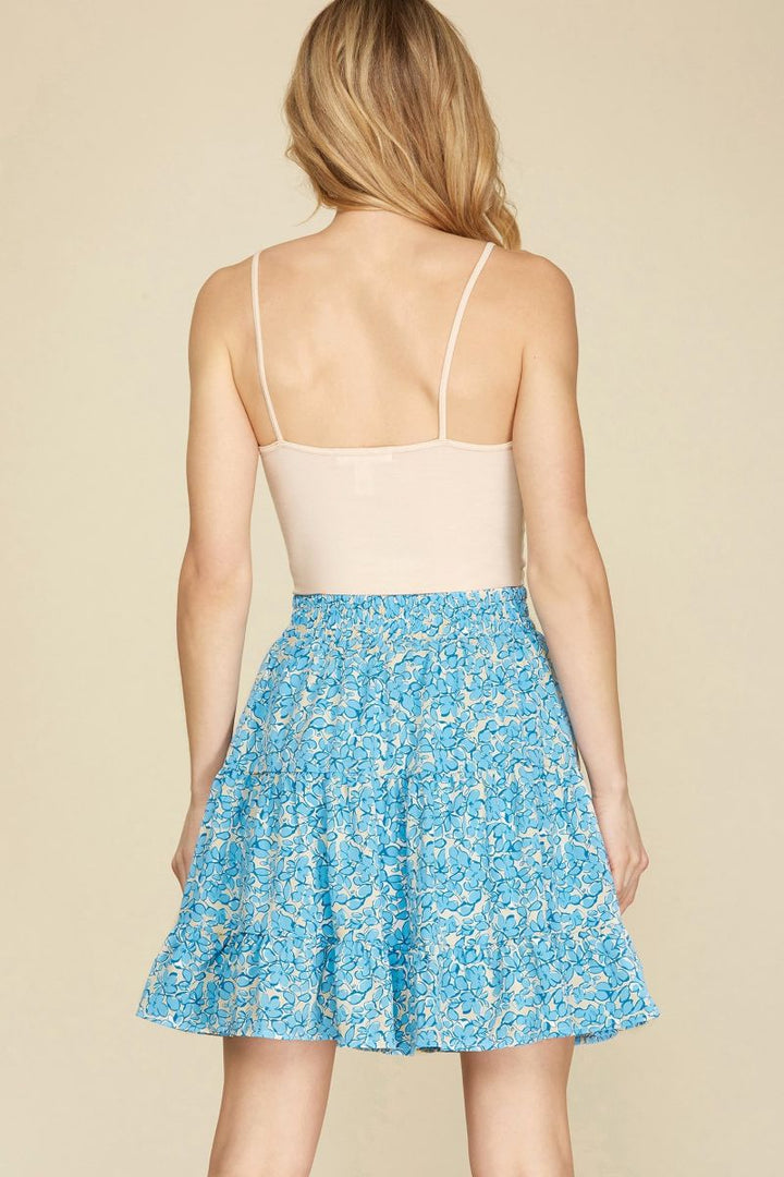 BLUE FLORAL TIERED ELASTIC WAIST WOVEN MINI SKIRT SKSY4412