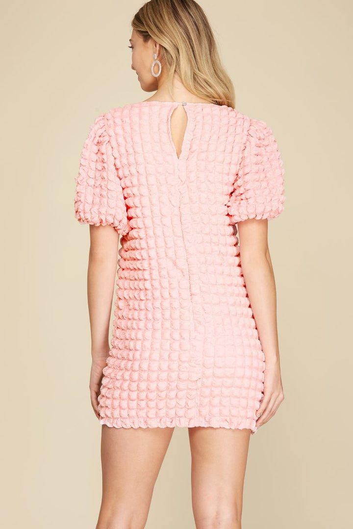 PUFF SHORT SLEEVES TEXTURED WOVEN MINI DRESS