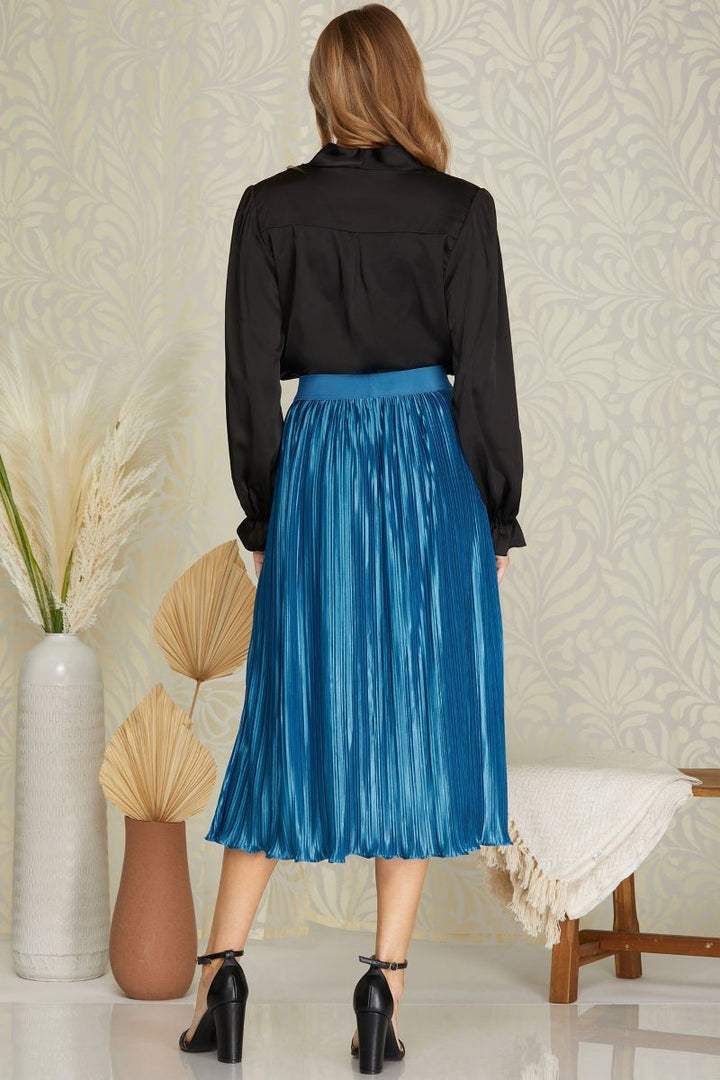 BLUE PLISSE ELASTIC WAIST MIDI SKIRT SKSY4760