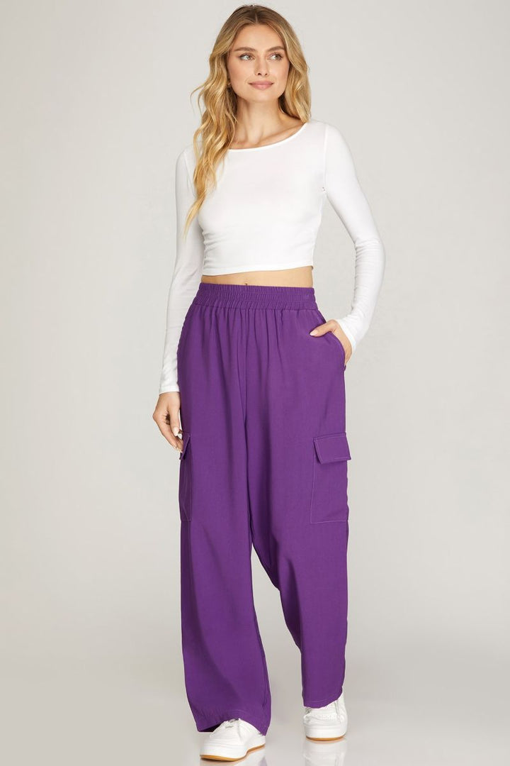 PURPLE ELASTIC WAIST WIDE-LEG CARGO PANTS SKSY4772