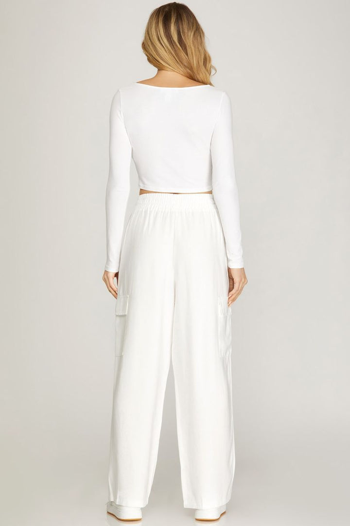 OFF WHITE ELASTIC WAIST WIDE-LEG CARGO PANTS SKSY4772