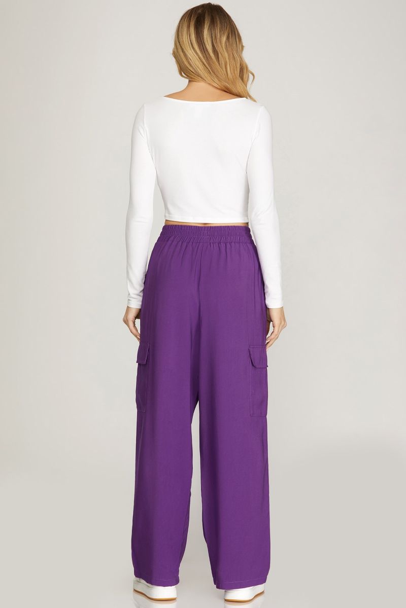 PURPLE ELASTIC WAIST WIDE-LEG CARGO PANTS SKSY4772