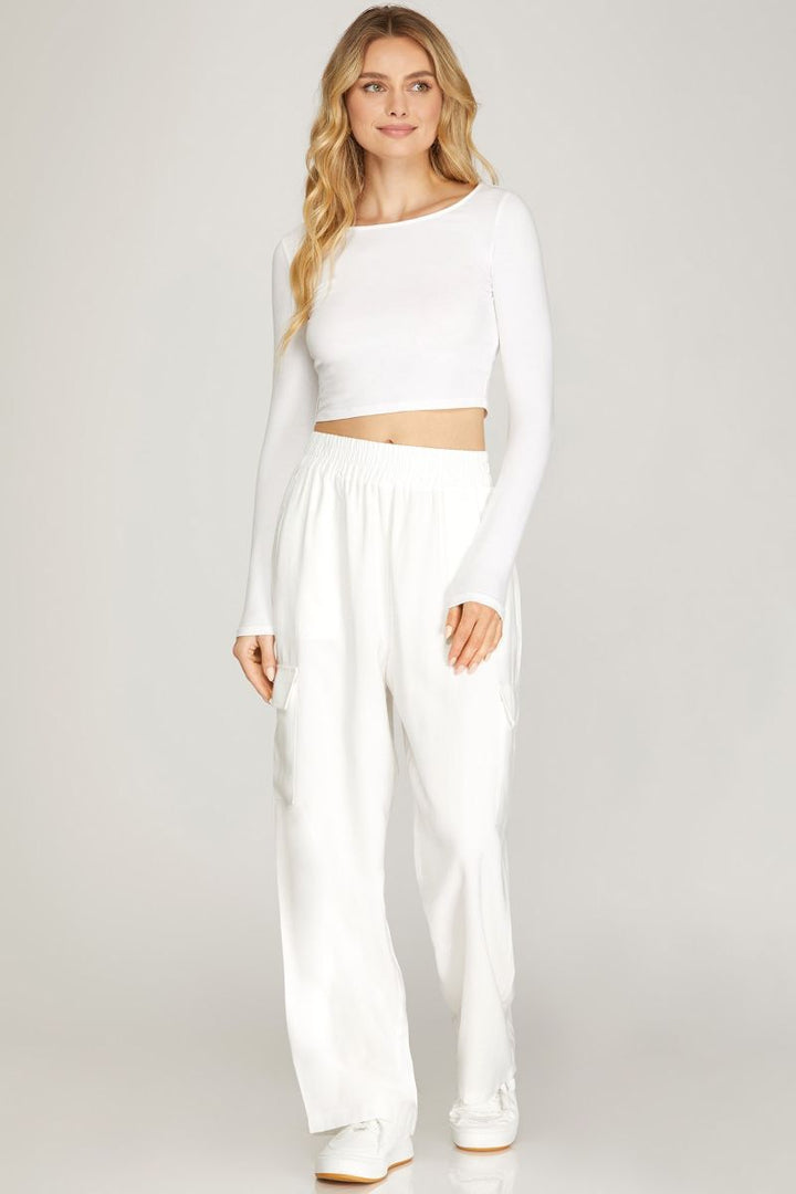 OFF WHITE ELASTIC WAIST WIDE-LEG CARGO PANTS SKSY4772