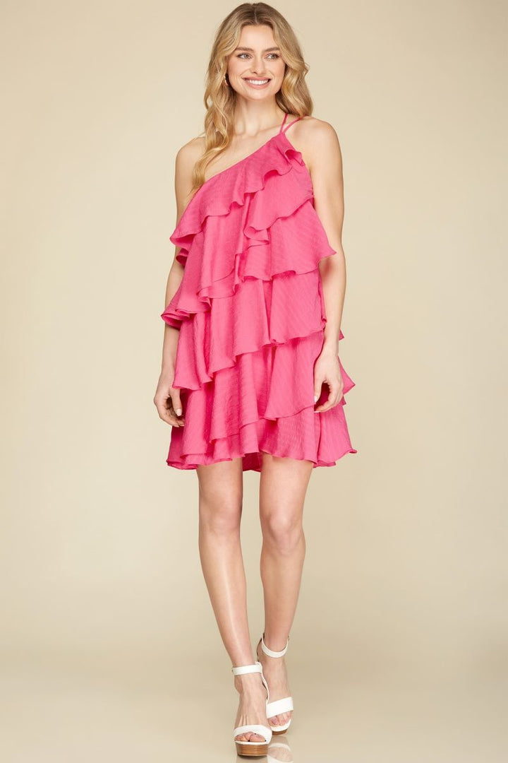HOT PINK ONE SHOULDER TIERED RUFFLED WOVEN MINI DRESS S12SY4802