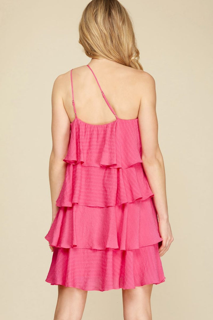 HOT PINK ONE SHOULDER TIERED RUFFLED WOVEN MINI DRESS S12SY4802