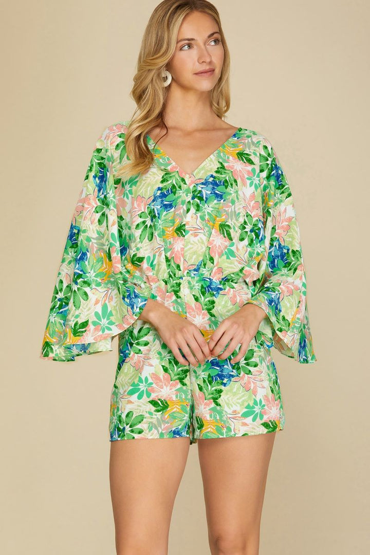GREEN FLORAL PRINT KIMONO SLEEVES WOVEN ROMPER