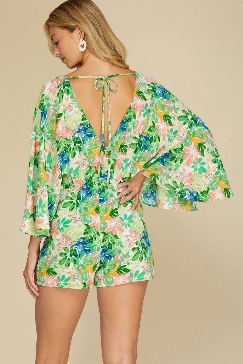 GREEN FLORAL PRINT KIMONO SLEEVES WOVEN ROMPER