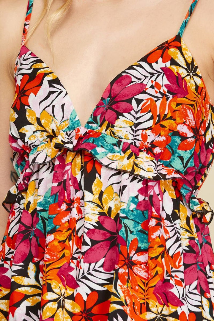 BLACK FLORAL PRINT TIERED CAMI WOVEN MINI DRESS