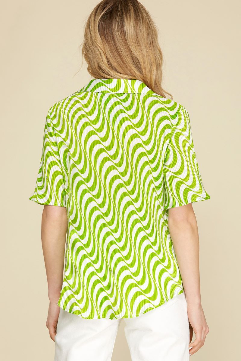 LIME HALF SLEEVES BUTTON DOWN PLISSE SHIRT TOP