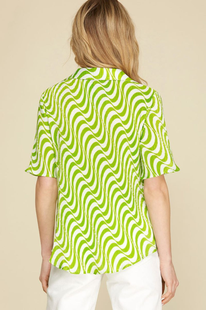 LIME HALF SLEEVES BUTTON DOWN PLISSE SHIRT TOP