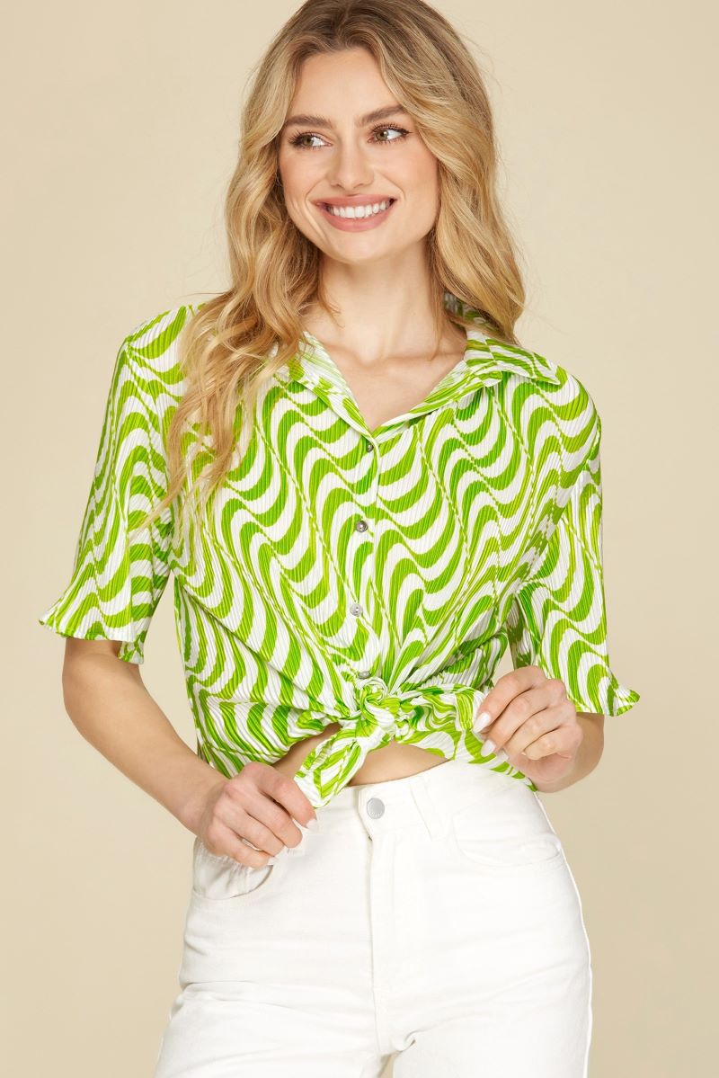 LIME HALF SLEEVES BUTTON DOWN PLISSE SHIRT TOP