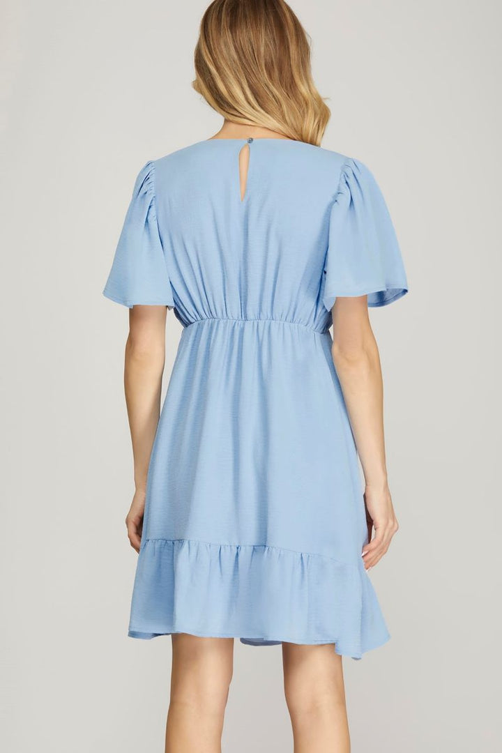 LT.BLUE SHORT SLEEVES FLORAL EMBROIDERED WOVEN MINI DRESS S12SY4926