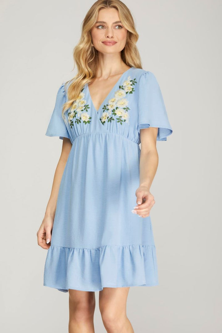 LT.BLUE SHORT SLEEVES FLORAL EMBROIDERED WOVEN MINI DRESS S12SY4926