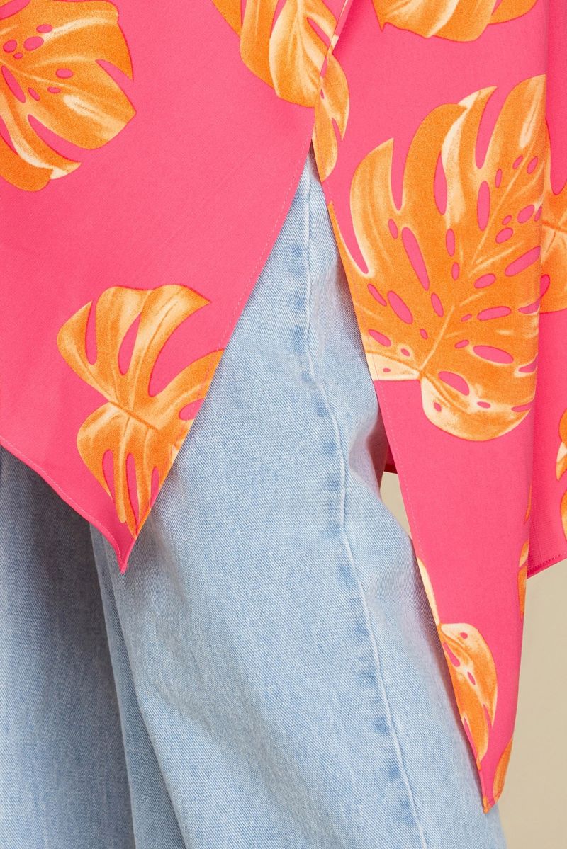 FUCHSIA/ORANGE TROPICAL PRINT WOVEN COVER-UP TOP