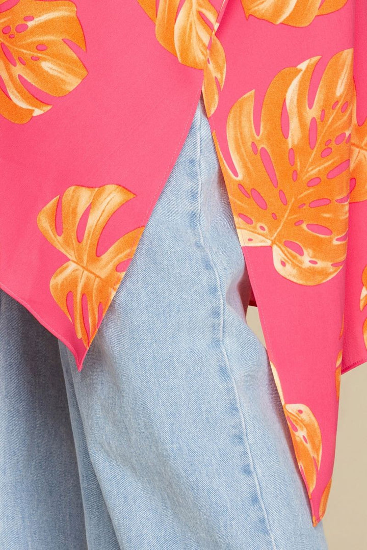 FUCHSIA/ORANGE TROPICAL PRINT WOVEN COVER-UP TOP