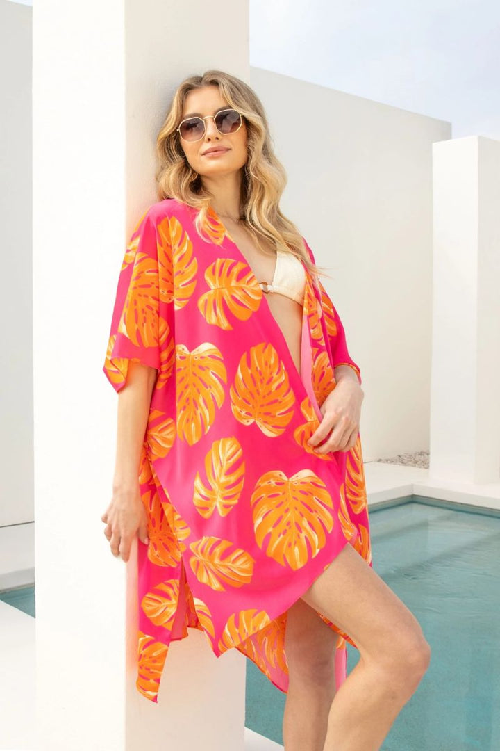 FUCHSIA/ORANGE TROPICAL PRINT WOVEN COVER-UP TOP