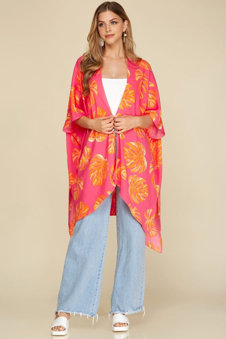 FUCHSIA/ORANGE TROPICAL PRINT WOVEN COVER-UP TOP