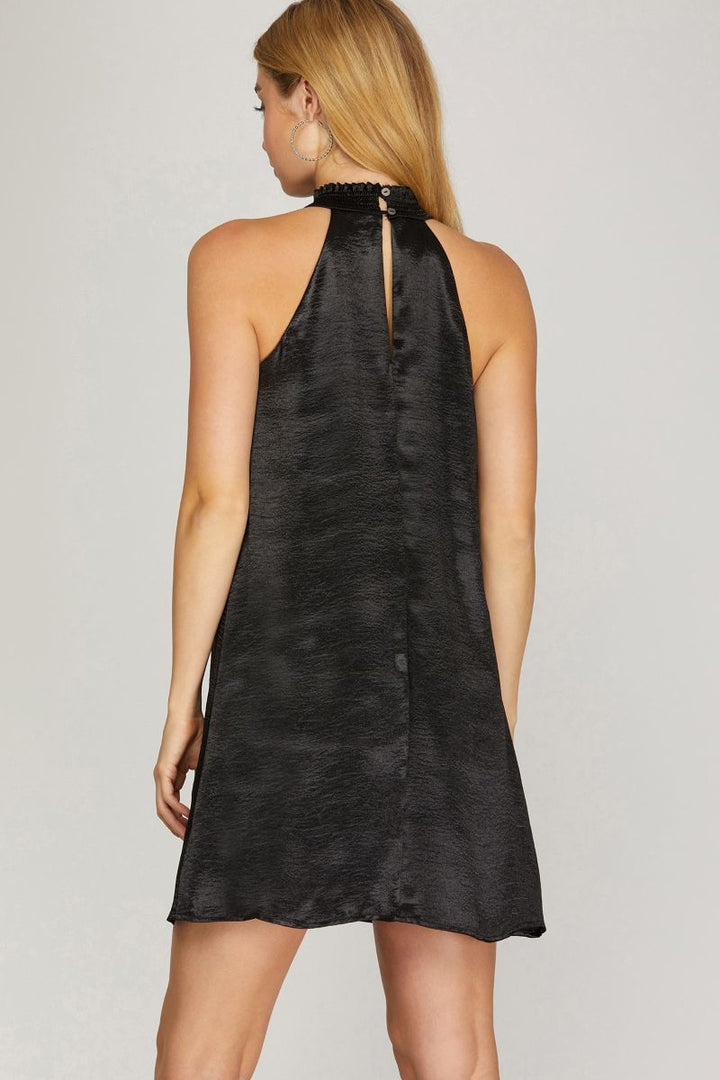 BLACK SMOCKED MOCK NECK SATIN MINI DRESS SKSY5088