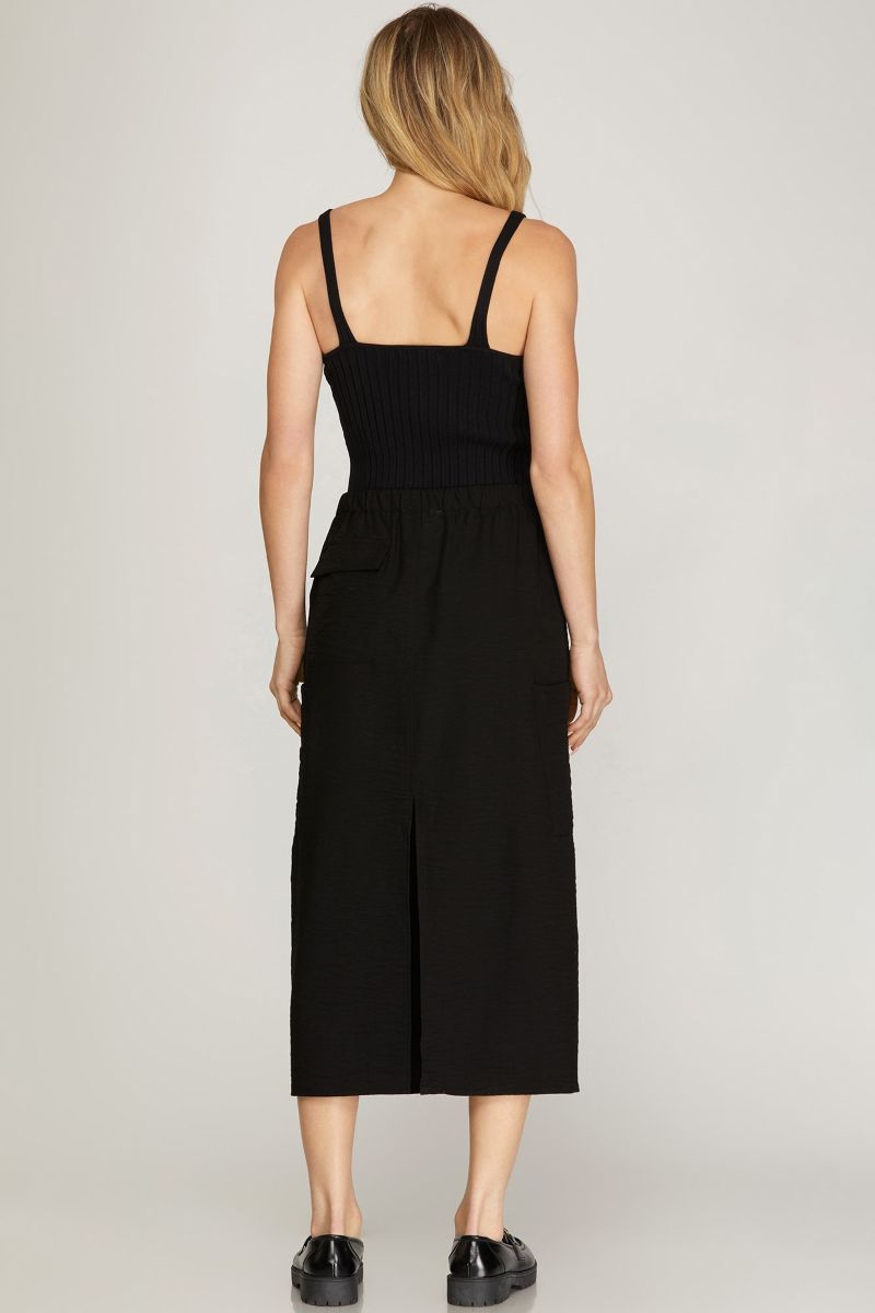 BLACK DRAWSTRING WAIST WOVEN CARGO MIDI SKIRT SKSY5163