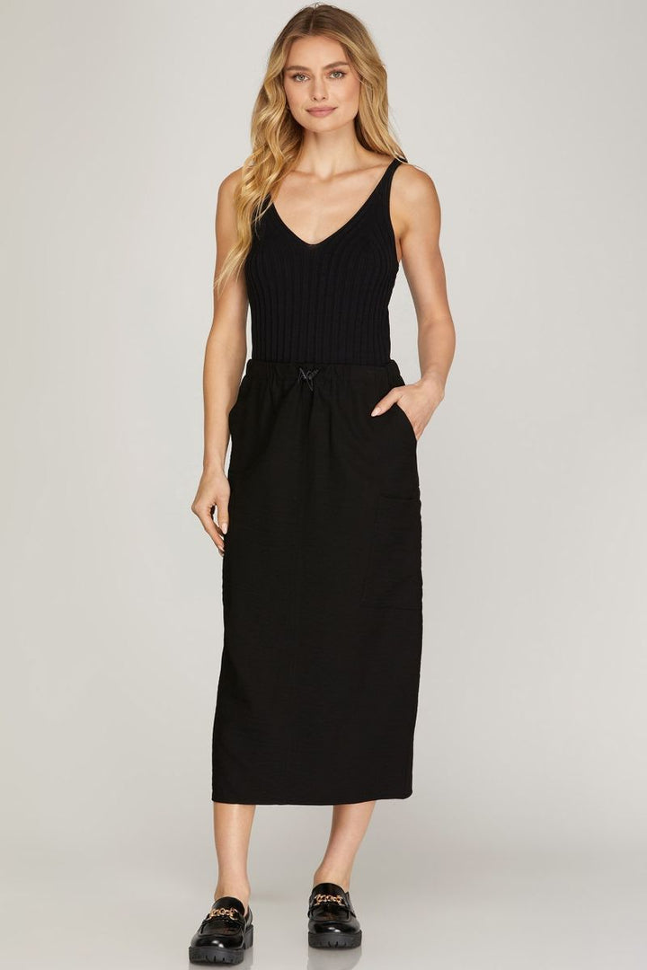 BLACK DRAWSTRING WAIST WOVEN CARGO MIDI SKIRT SKSY5163