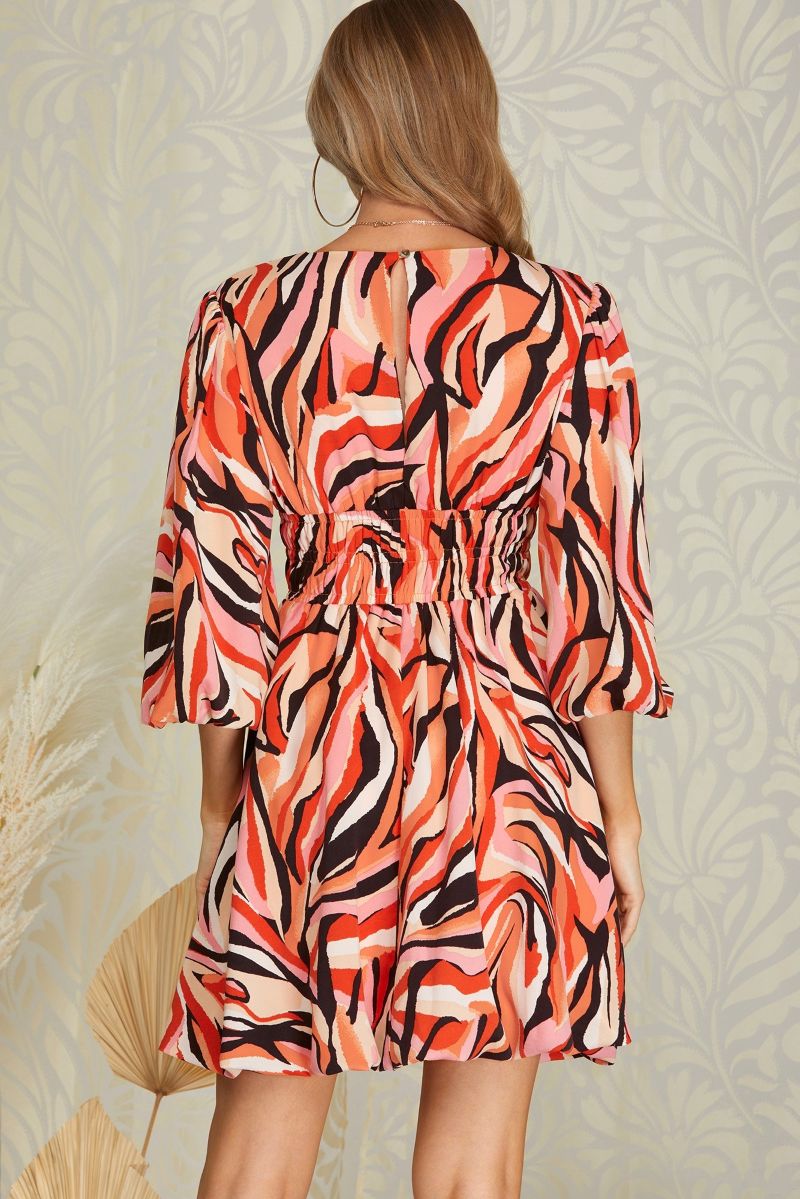 RUST BUBBLE SLEEVES ELASTIC WAISTBAND WOVEN MINI DRESS