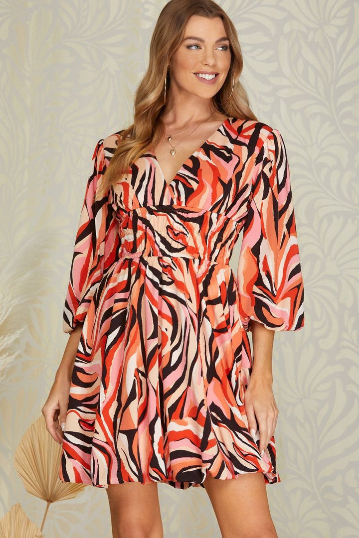 RUST BUBBLE SLEEVES ELASTIC WAISTBAND WOVEN MINI DRESS