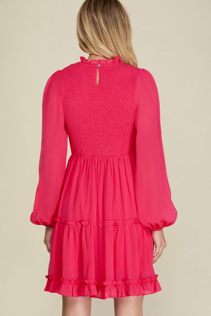 CHERRY PINK SMOKED TIERED LONG SLEEVES MINI DRESS SKSY5885