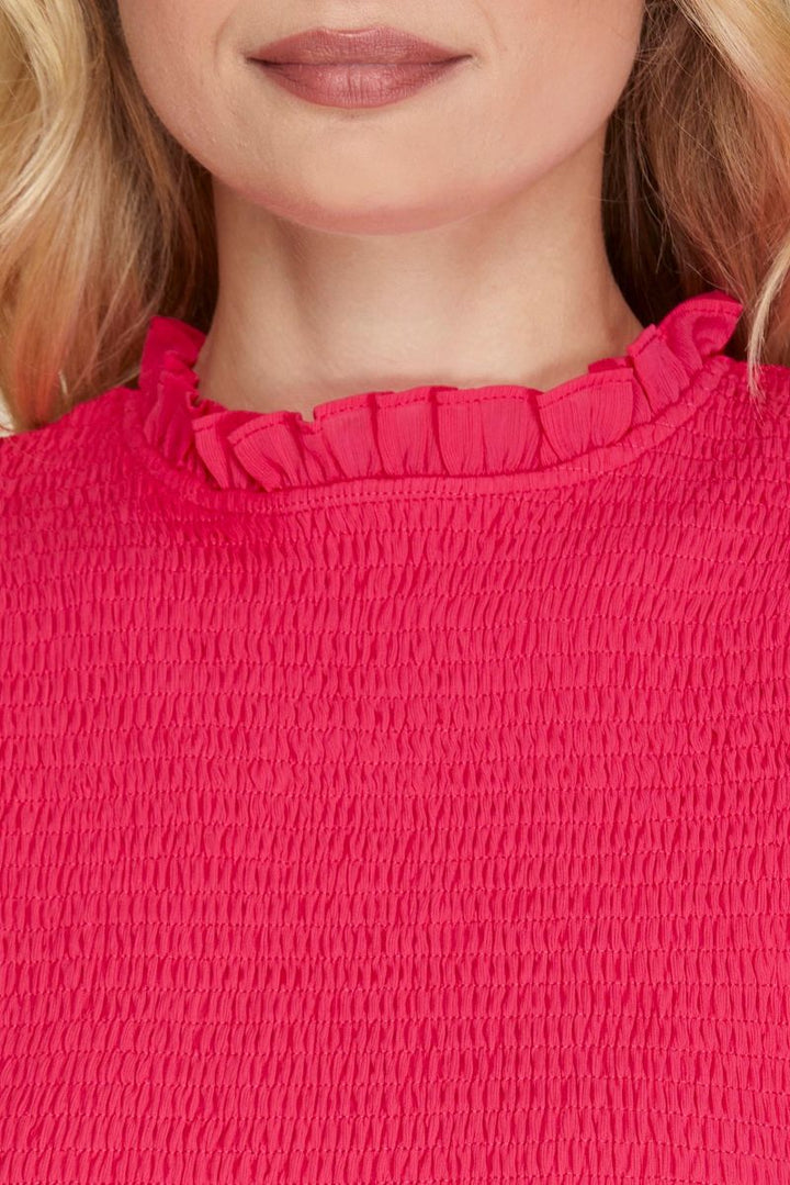 CHERRY PINK SMOKED TIERED LONG SLEEVES MINI DRESS SKSY5885