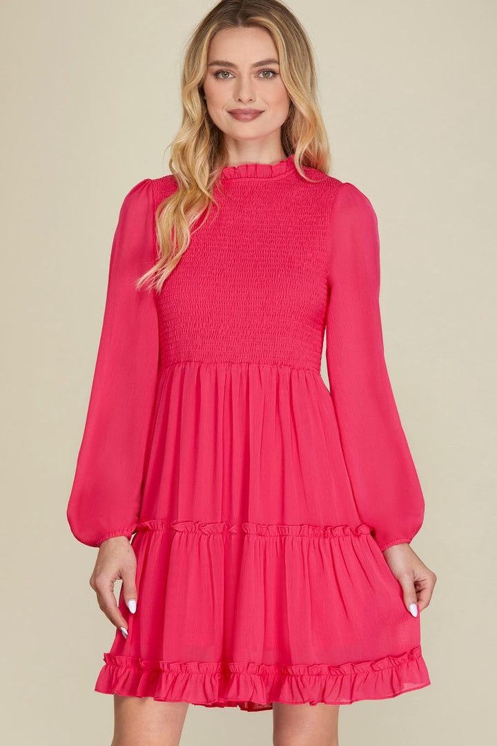 CHERRY PINK SMOKED TIERED LONG SLEEVES MINI DRESS SKSY5885