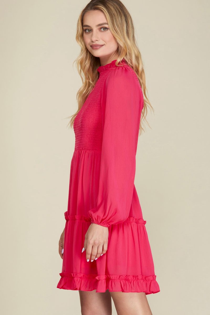 CHERRY PINK SMOKED TIERED LONG SLEEVES MINI DRESS SKSY5885