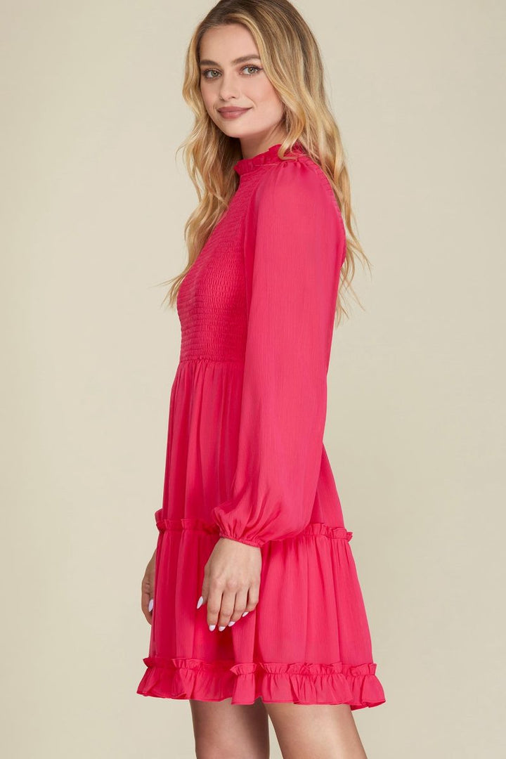 CHERRY PINK SMOKED TIERED LONG SLEEVES MINI DRESS SKSY5885