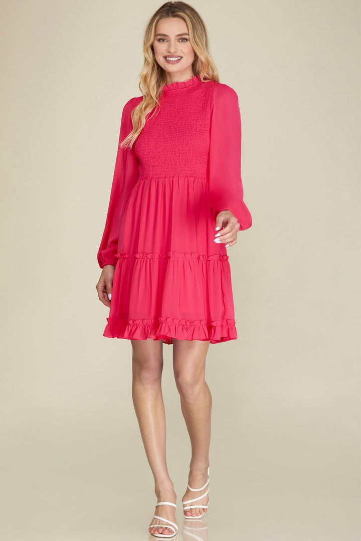 CHERRY PINK SMOKED TIERED LONG SLEEVES MINI DRESS SKSY5885